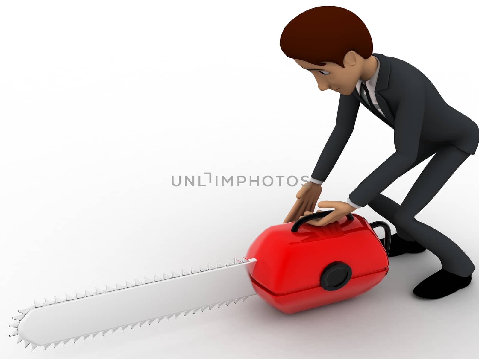 3d man with mechanical wood cutter concept on white background, side top angle view