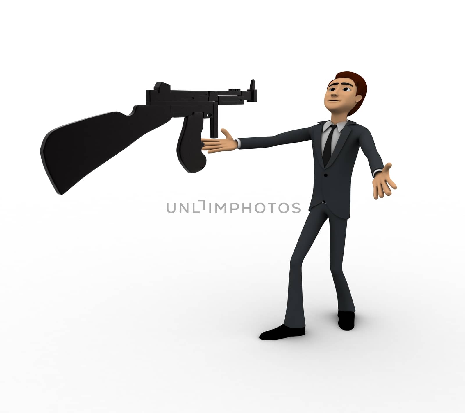 3d man afraid of machine gun concept on white background,  side  angle view