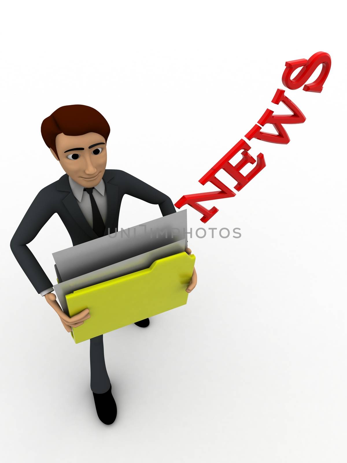 3d man holding news files concept on white background, top  angle view