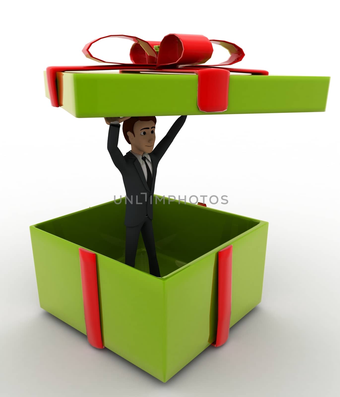 3d man in big green gift box concept on white background, right side angle view