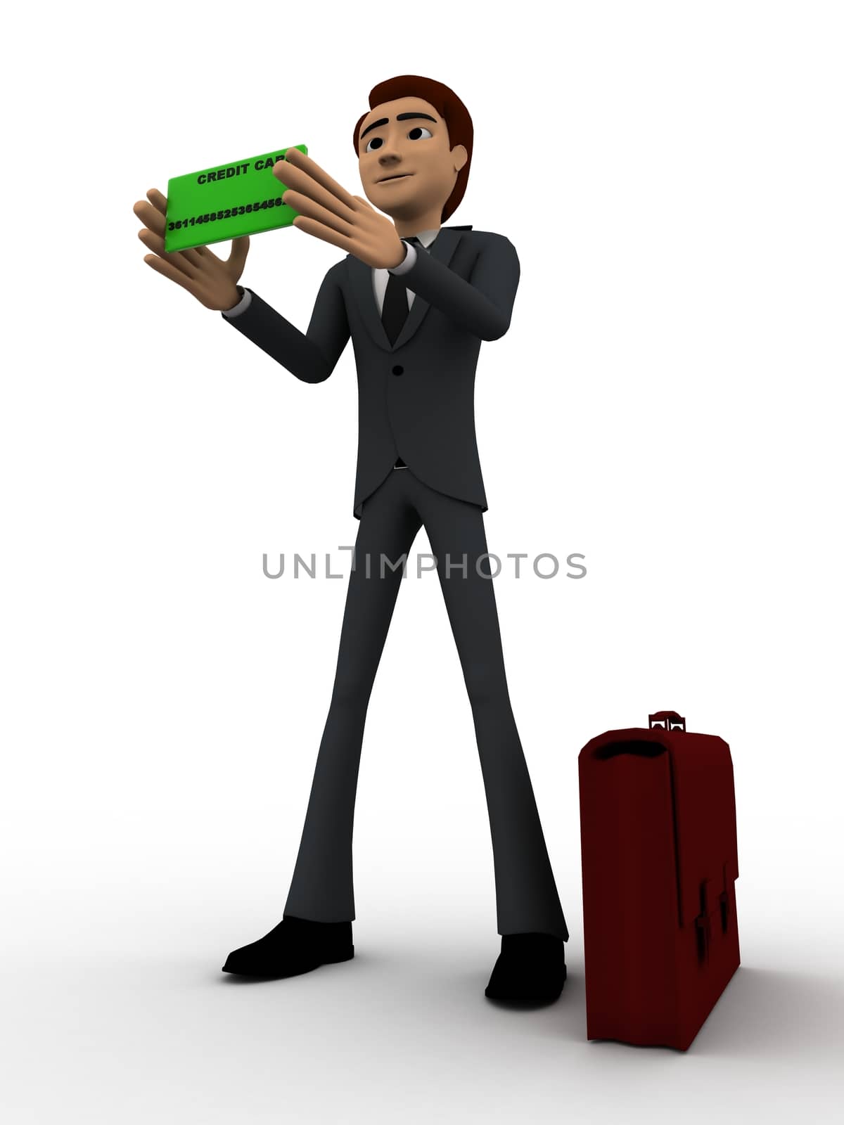 3d man holding black small board and having briefcase concept on white background, low angle view