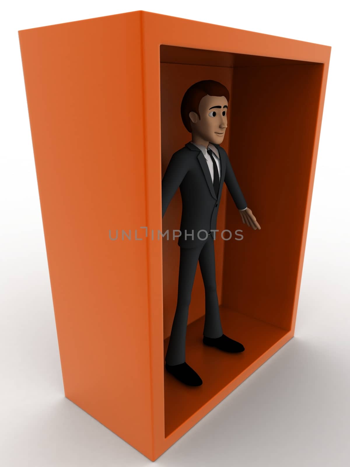 3d man standing inside box concept on white background,  side angle view