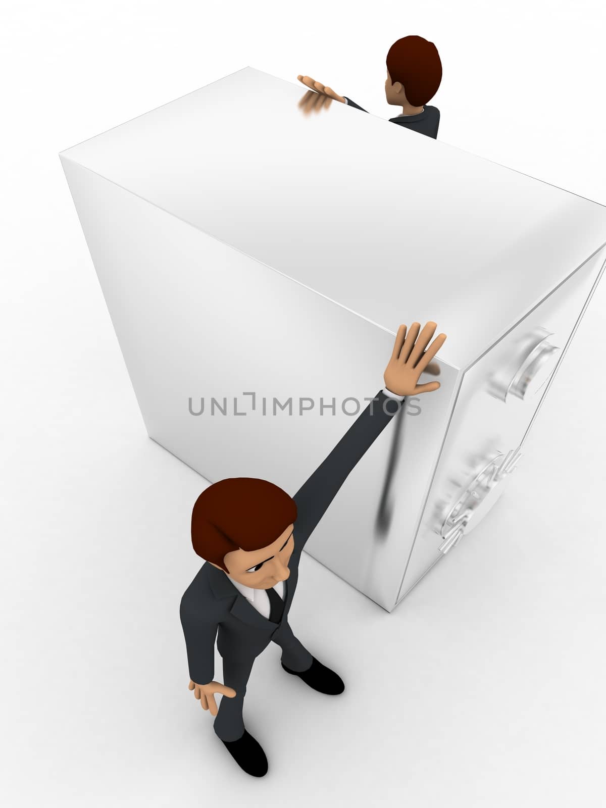 3d two men guard locker concept on white background,  side top  angle view