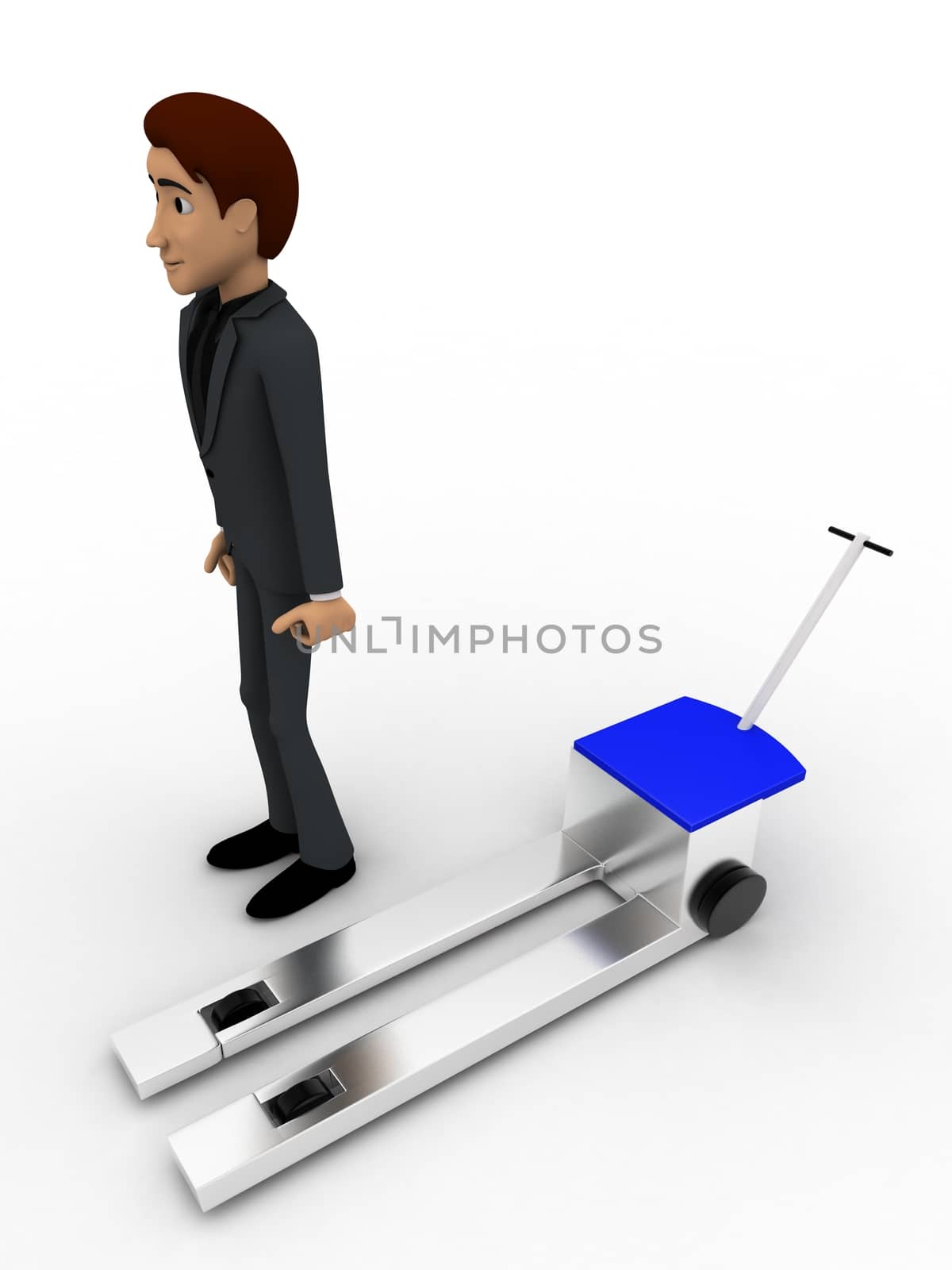 3d man standing on advance hand truck concept on white background, top angle view