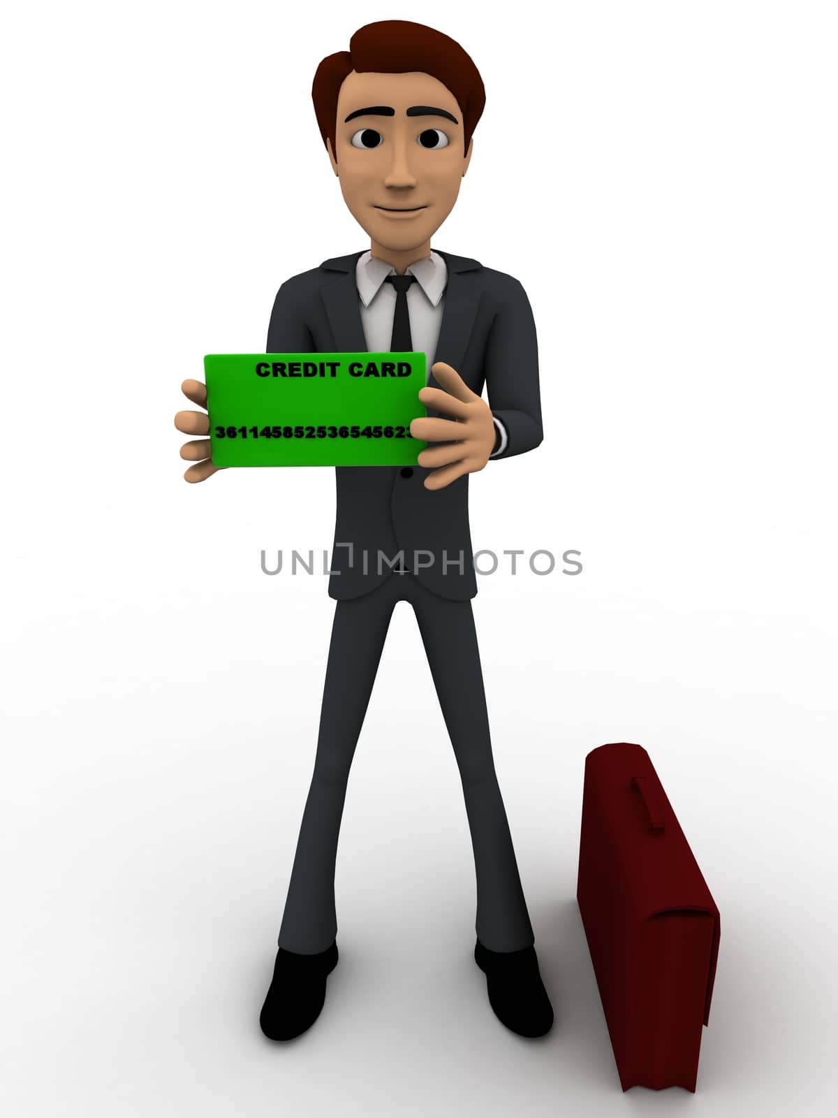 3d man holding black small board and having briefcase concept on white background, front angle view
