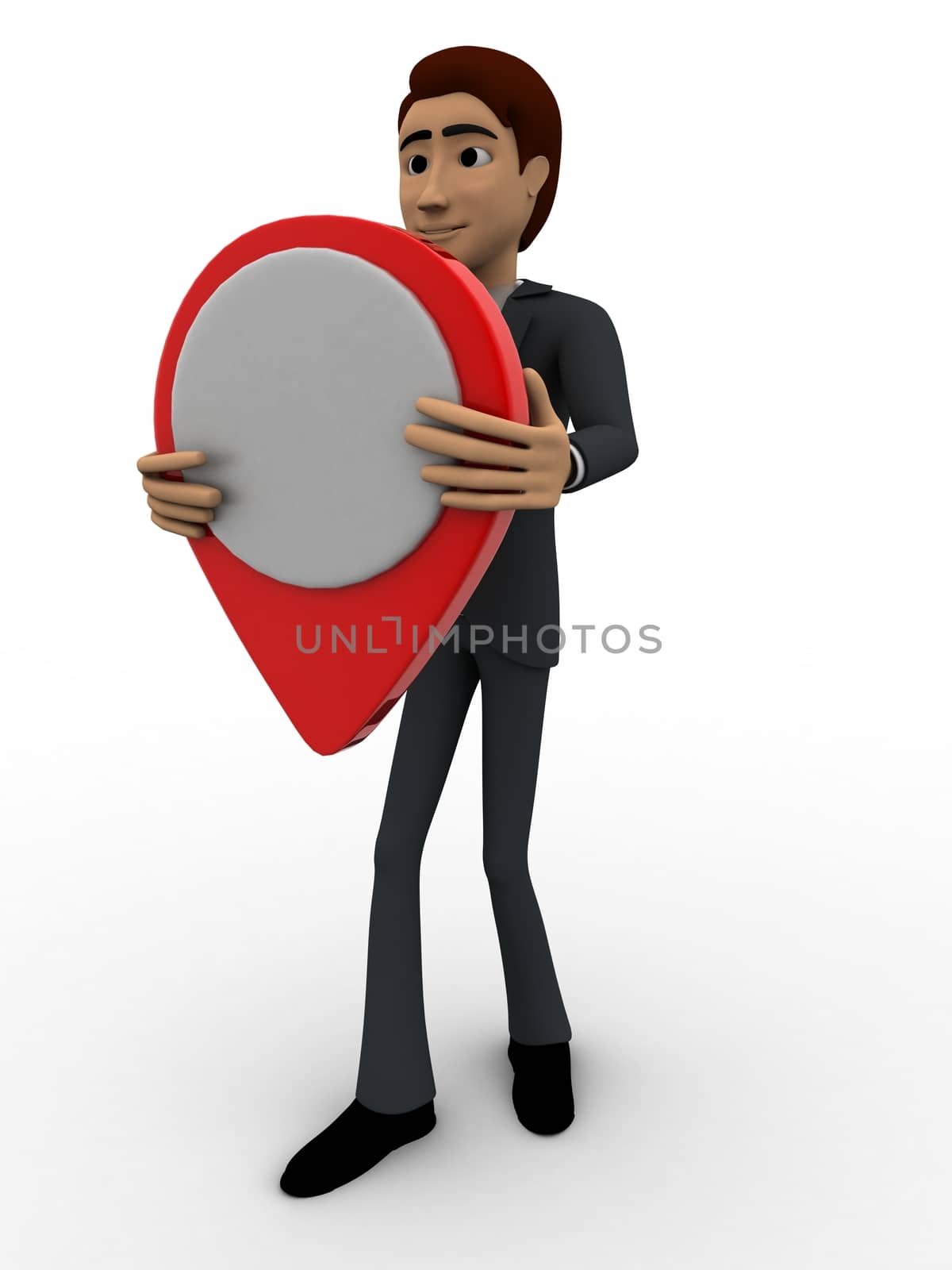 3d man holding location map symbol in hands concept on white background, side angle view