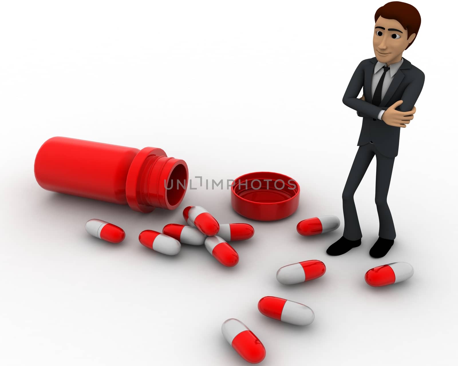 3d man with many capsules concept on white background,  top angle view