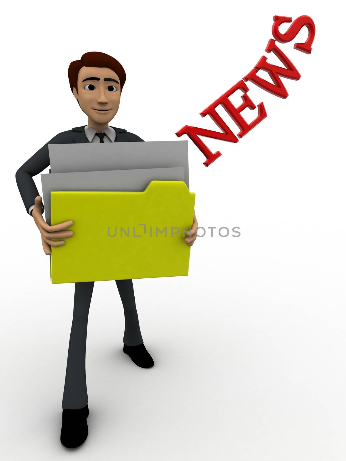 3d man holding news files concept on white background, front angle view