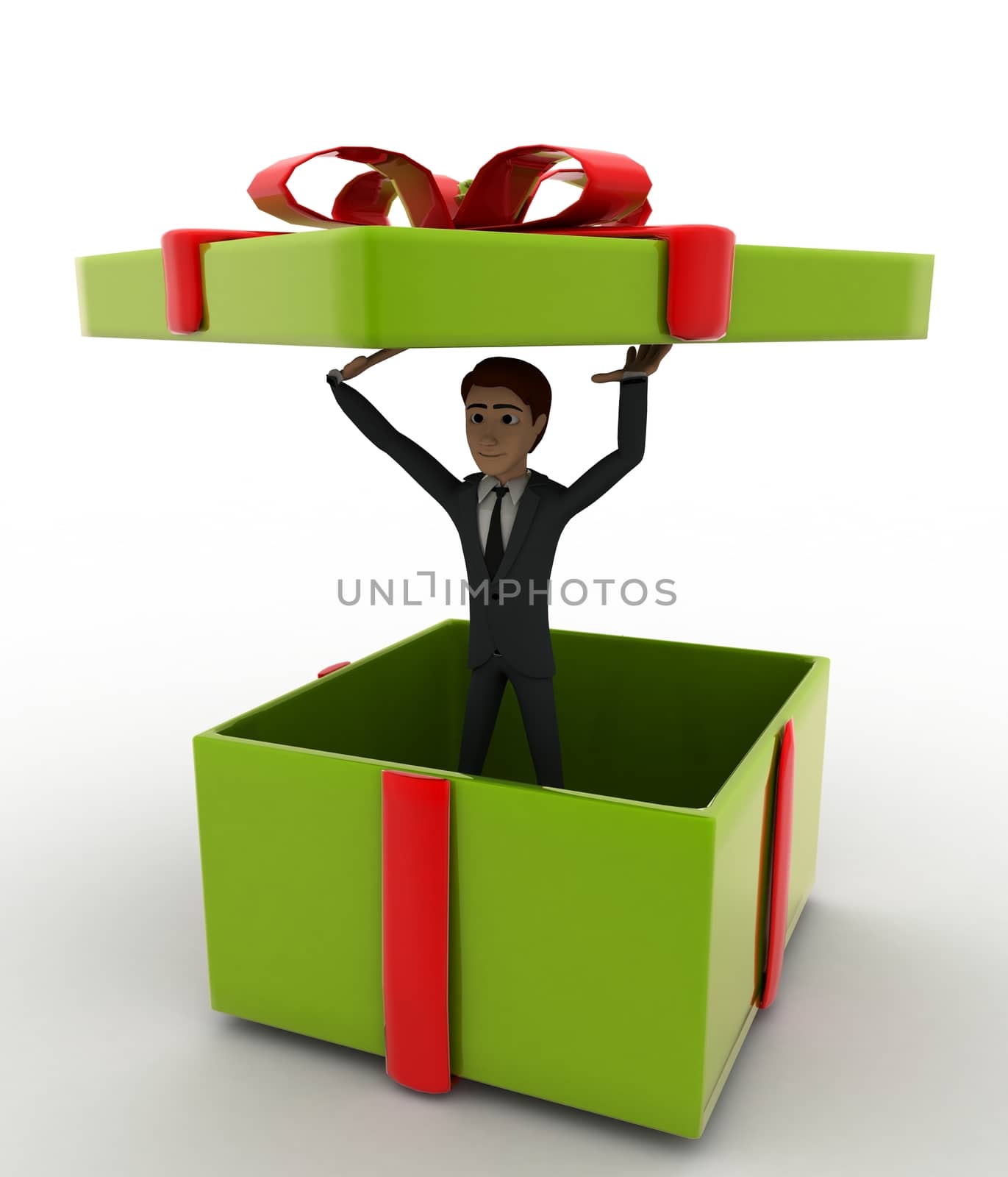 3d man in big green gift box concept on white background,  front angle view