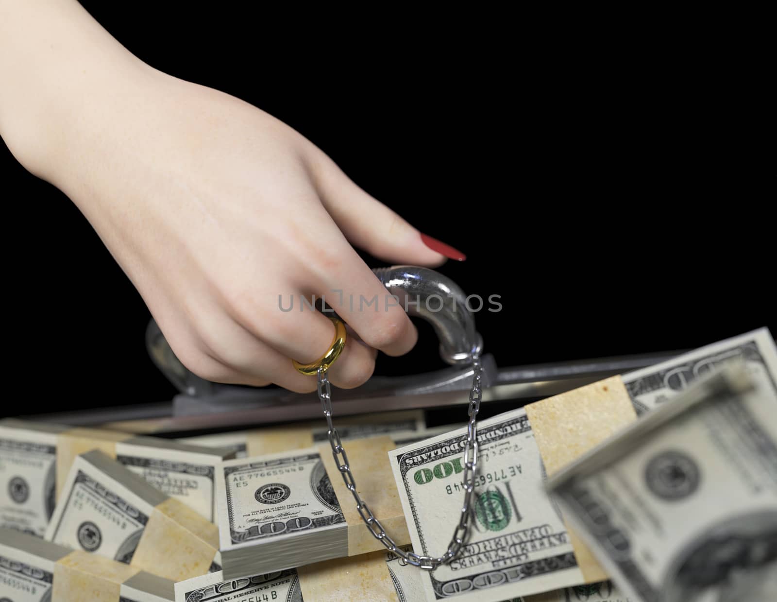 money in case and woman hand with wedding ring marriage of convenience concept