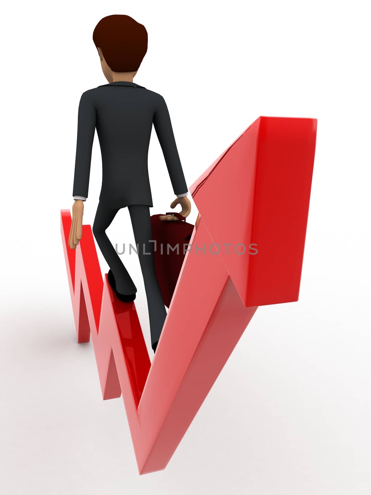 3d man on up going arrow graph concept on white background, side angle view