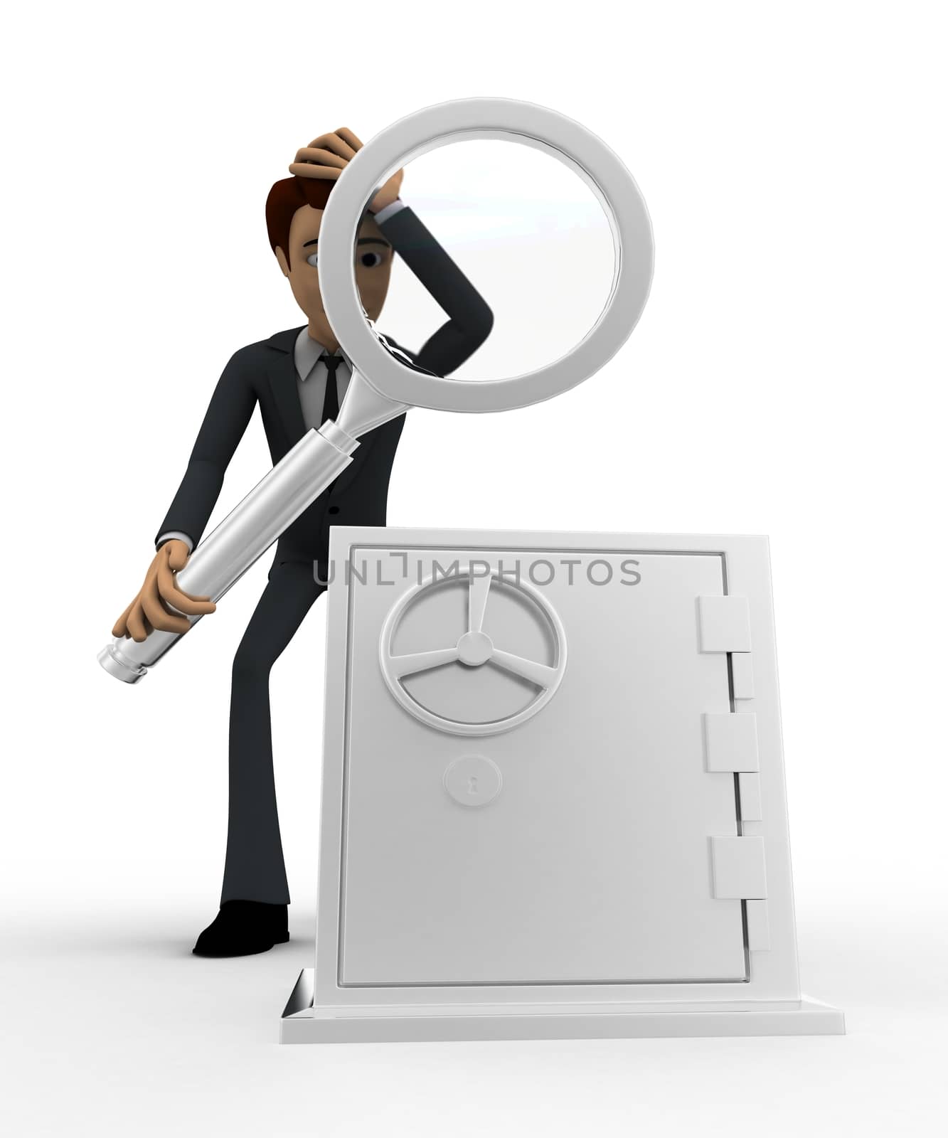 3d man examine locker concept on white background, front angle view