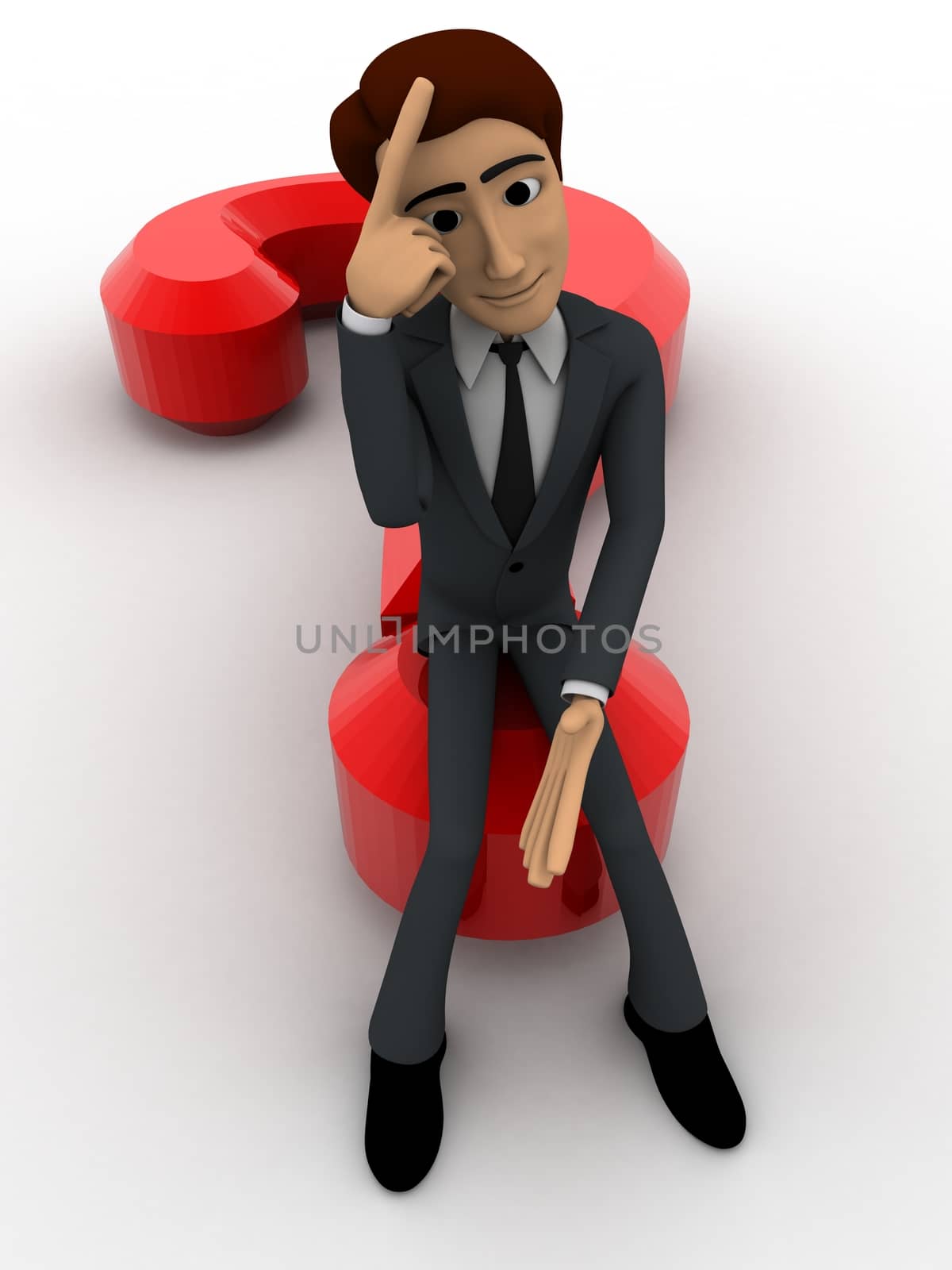 3d man sitting on question mark in stress concept on white background, front angle view