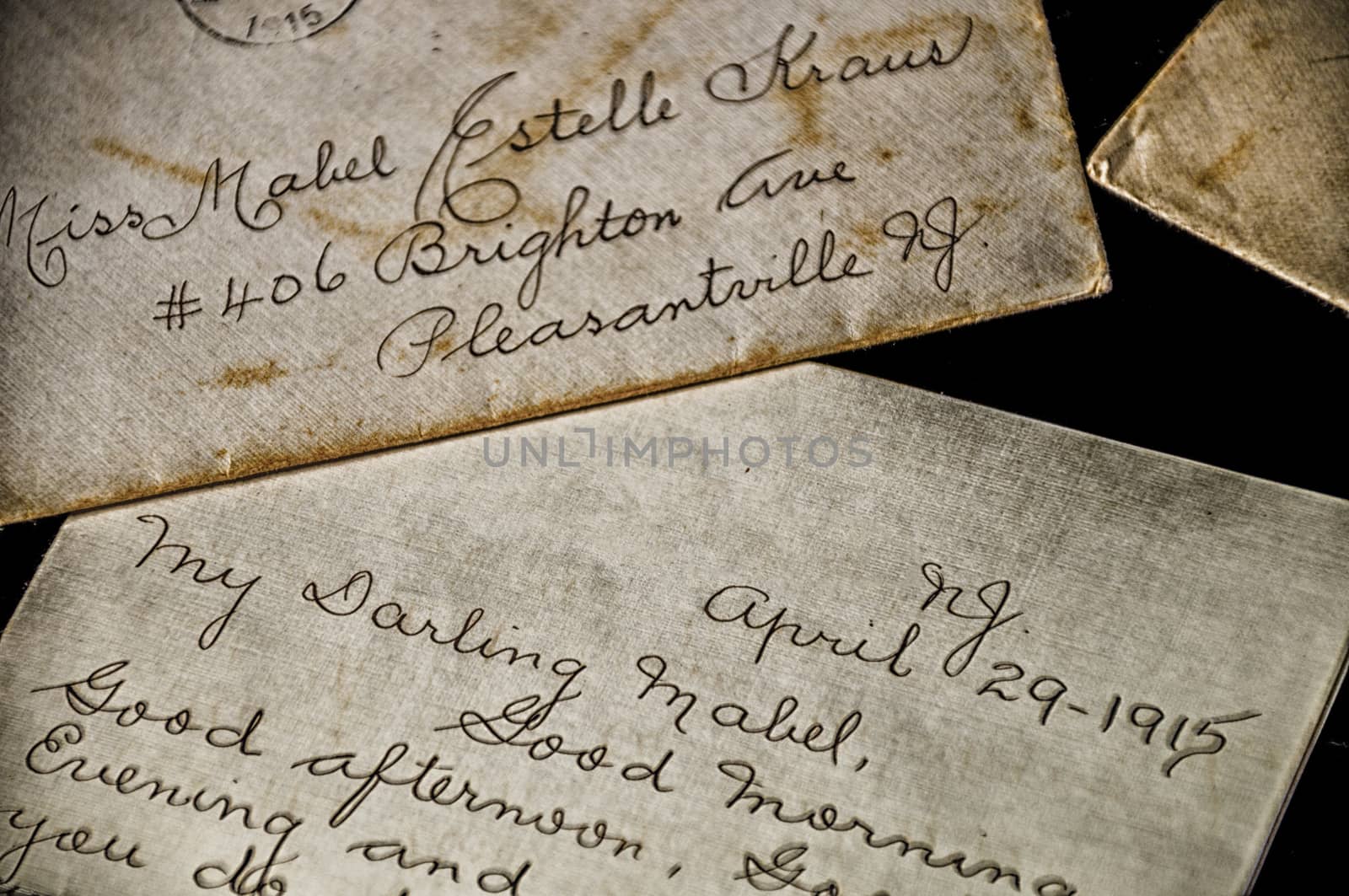 Close up shot of a love letter written more than a hundred years ago in 1915 sent to Pleasantville, NJ