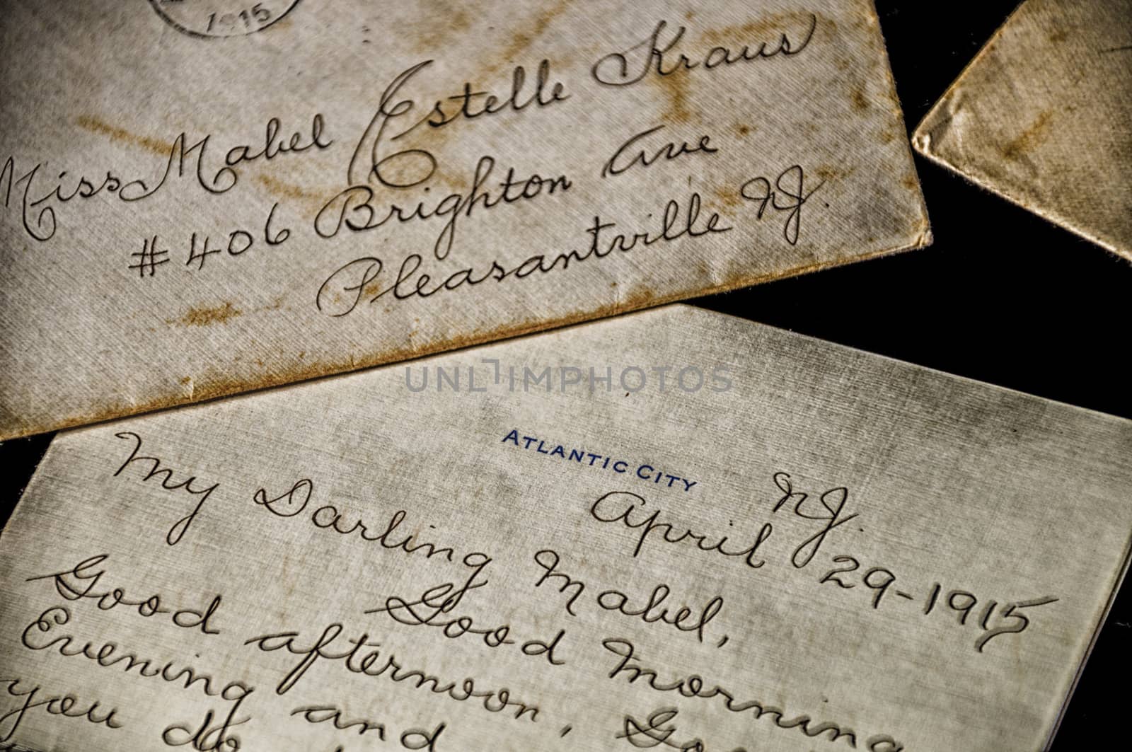Close up shot of a love letter written in Atlantic City, NJ, more than a hundred years ago in 1915; envelope was sent to Pleasantville, NJ