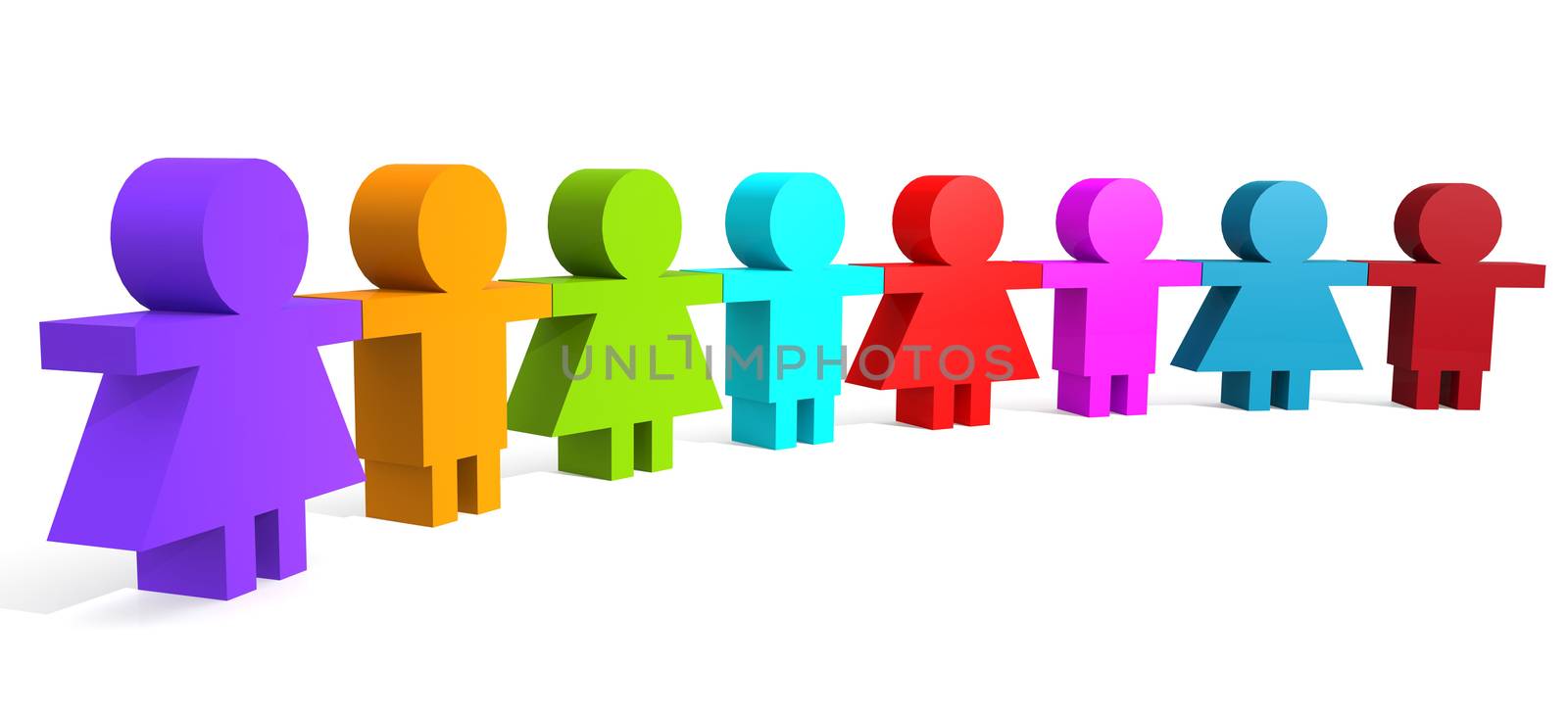 Multi color people in a line image with hi-res rendered artwork that could be used for any graphic design.