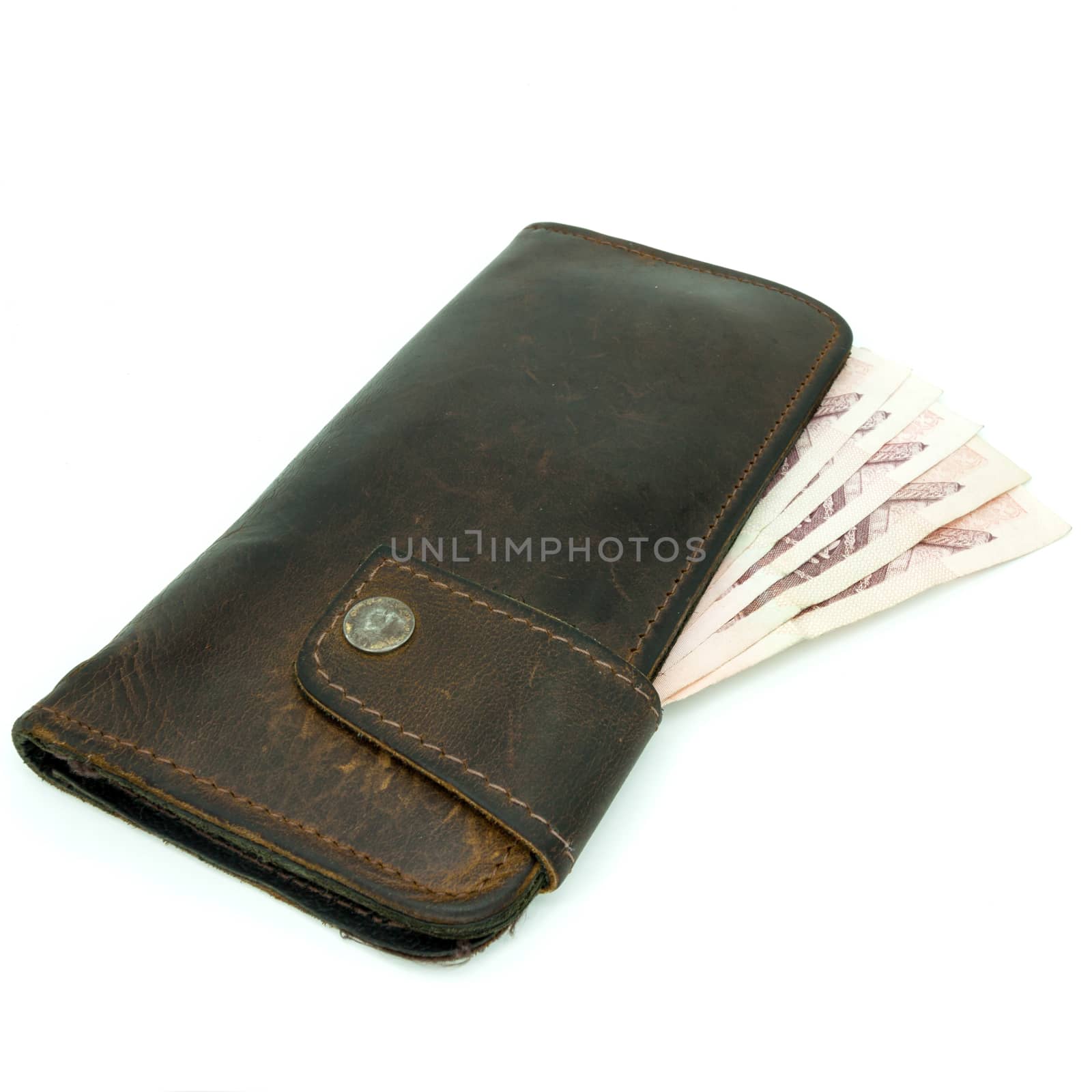 brown leather wallet with money isolated on white background