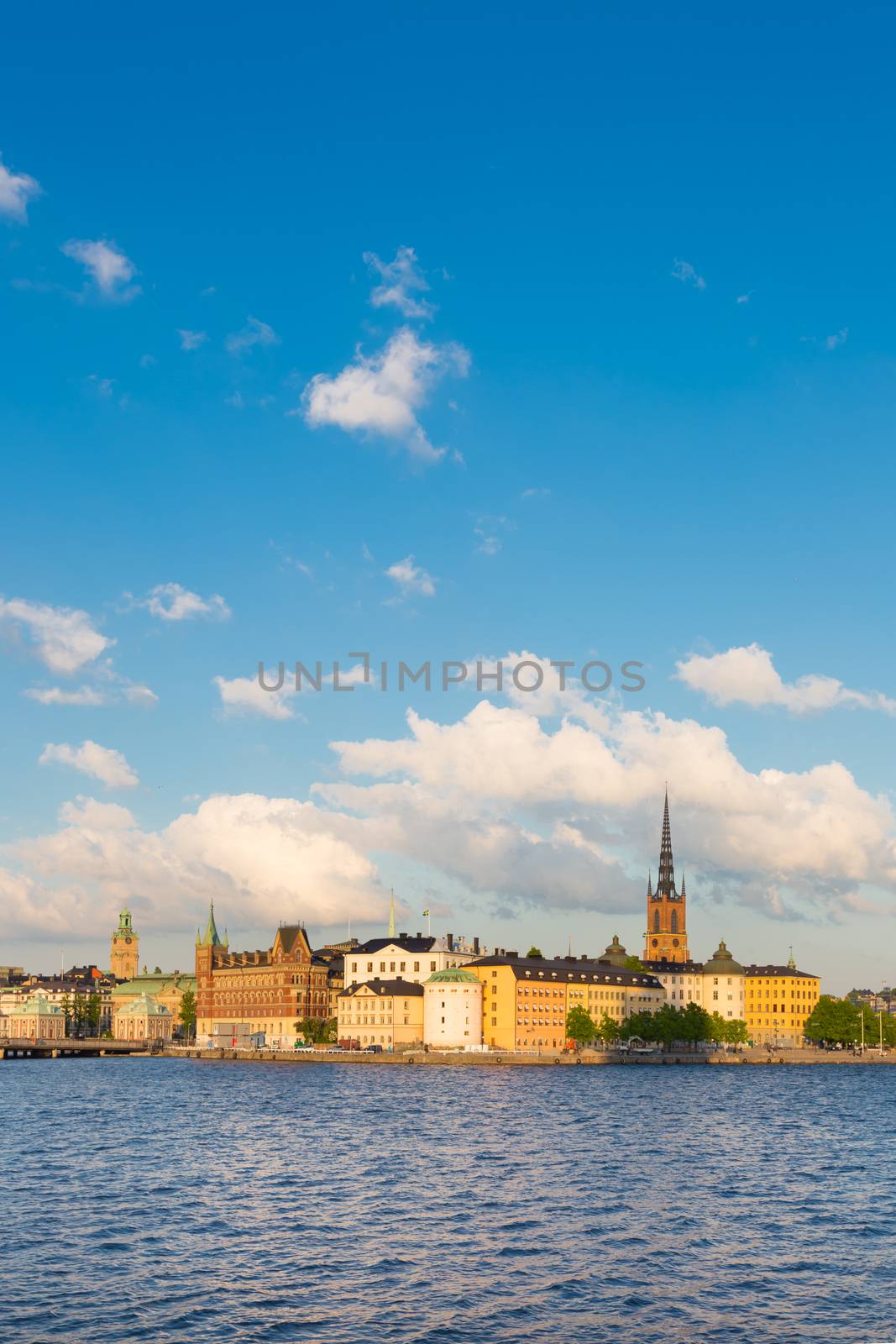 Panoramic view of swedish capital Stockholm in sunset. Gamla stan, old medieval downtown. Vertical composition. Copy space.