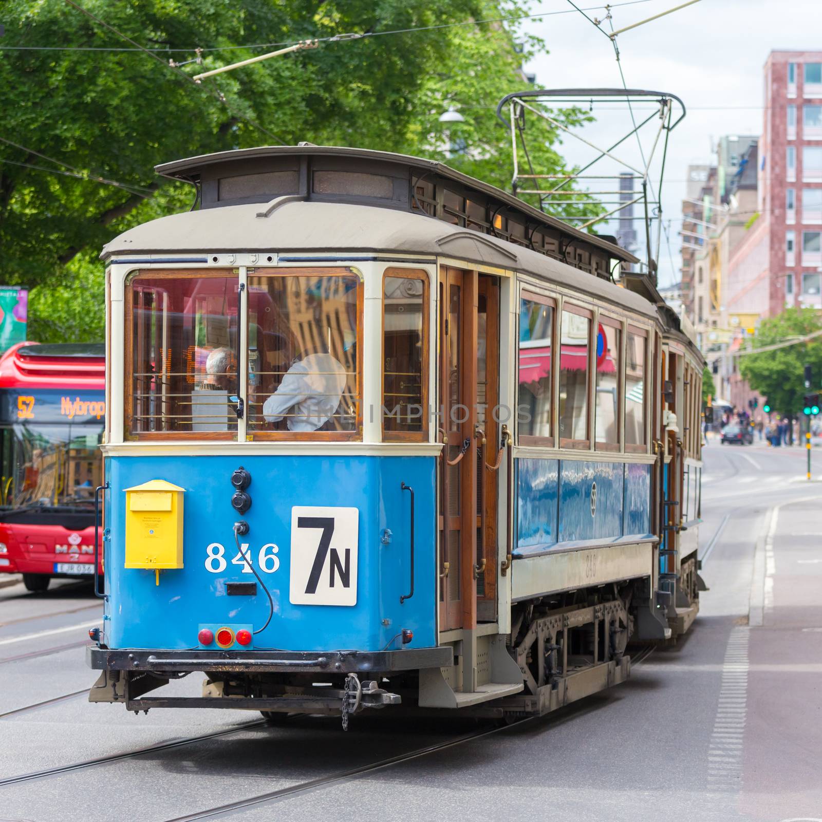 Vintage wooden blue tram, Stockholm, Sweden, Europe. by kasto