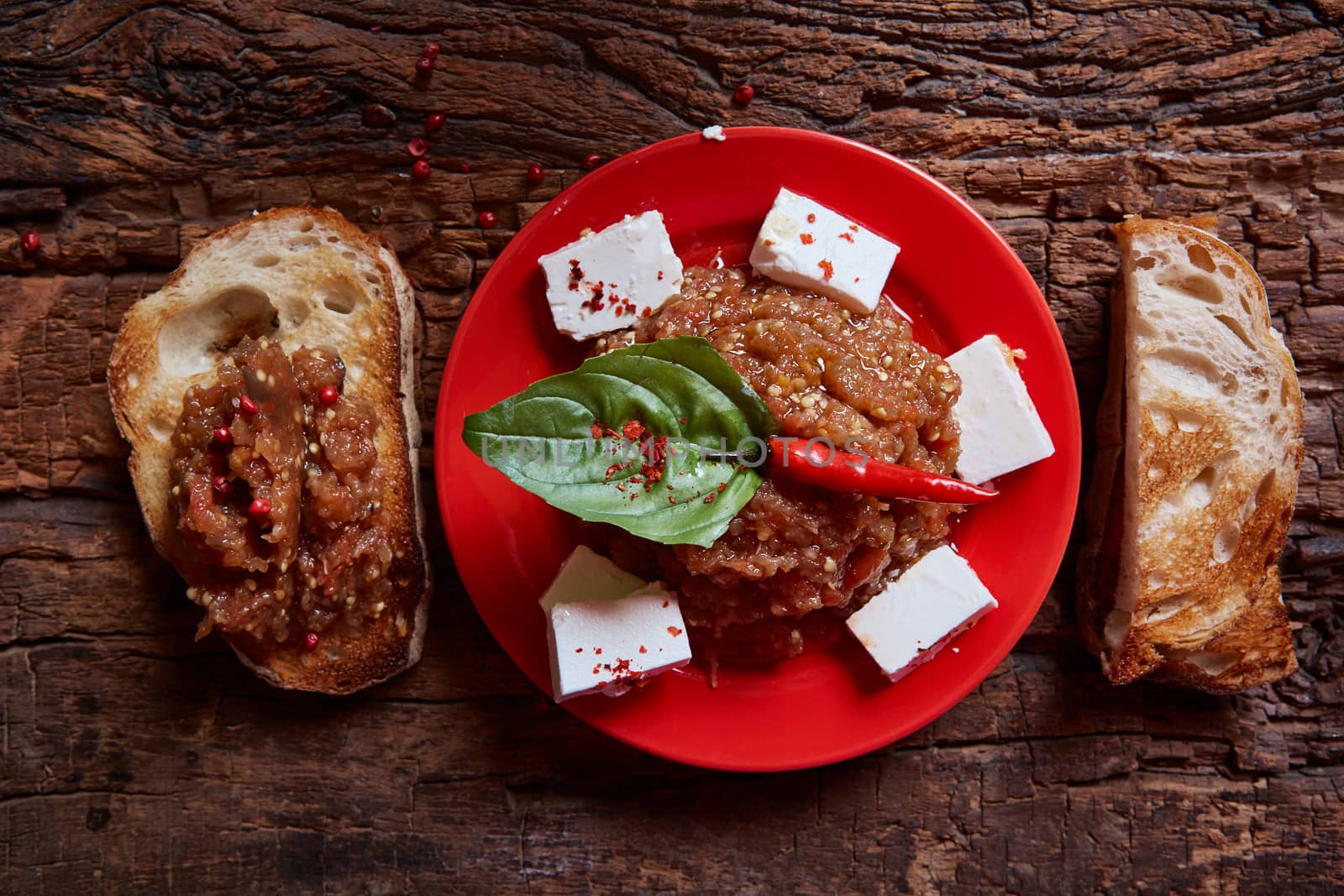 Eggplant caviar with tomatoes and roasted bell pepper