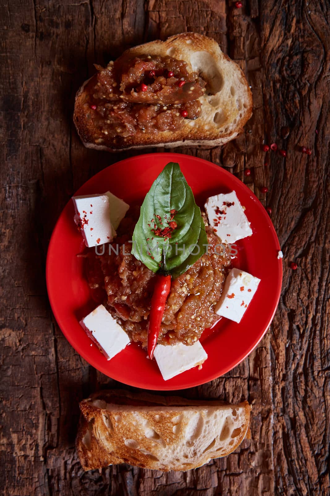 Eggplant caviar with tomatoes and roasted bell pepper