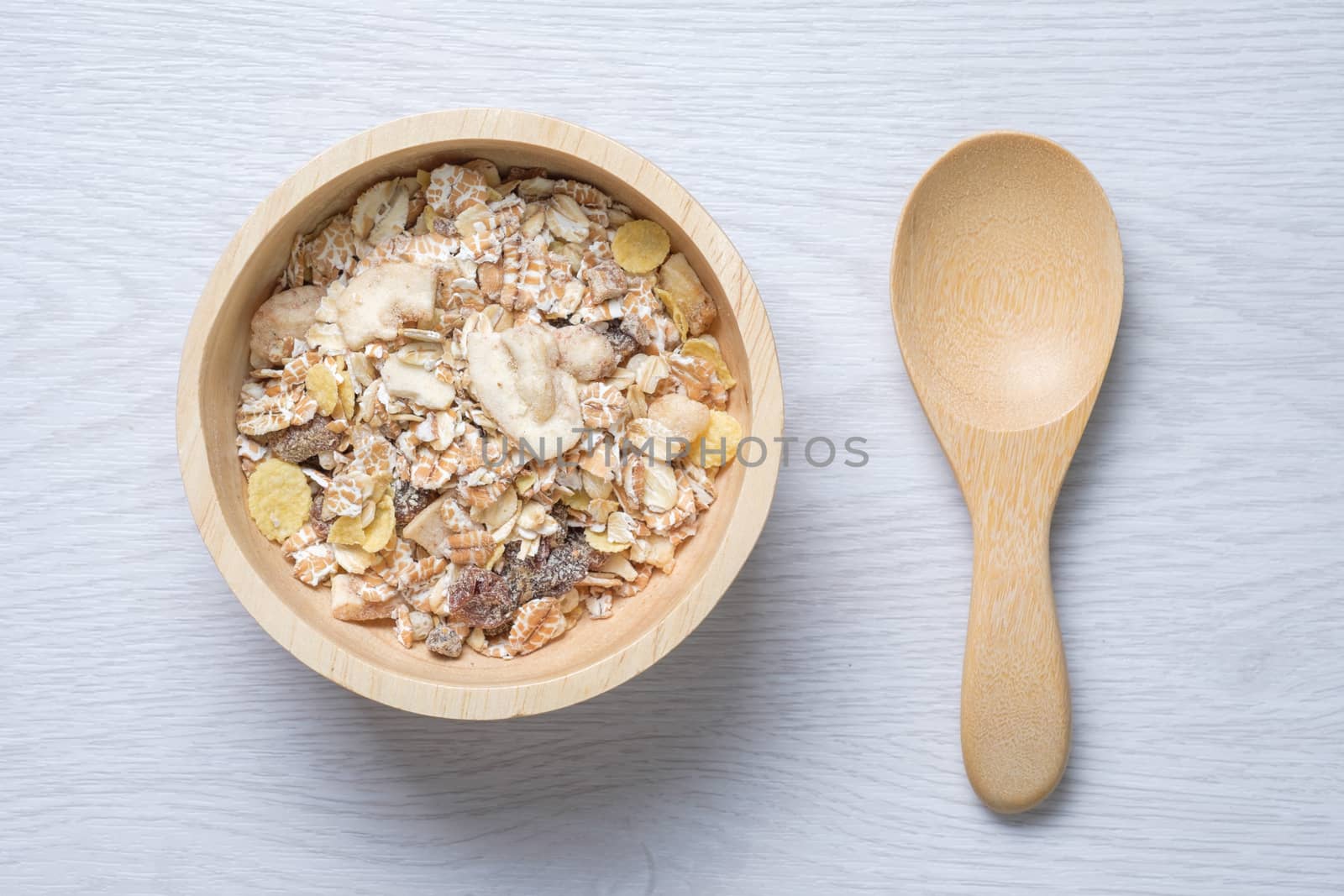 muesli in wooden bowl. healthy food for health, weight loss, diet