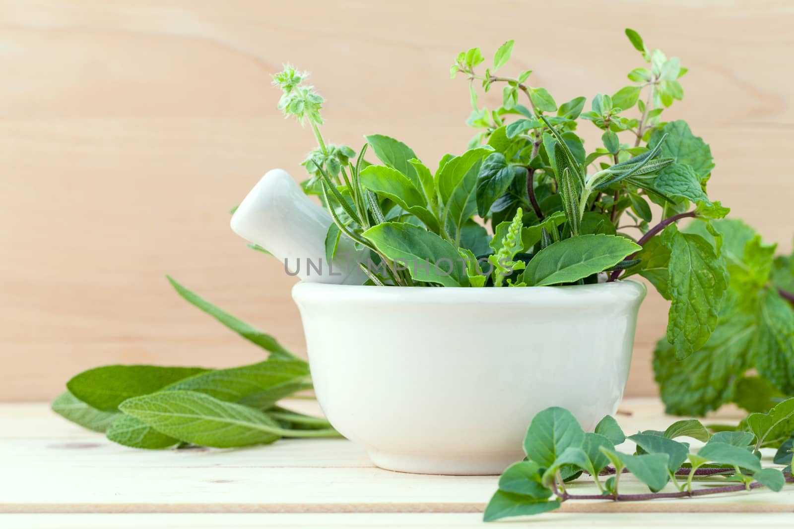 Alternative health care fresh herbal in white mortar on wooden background.