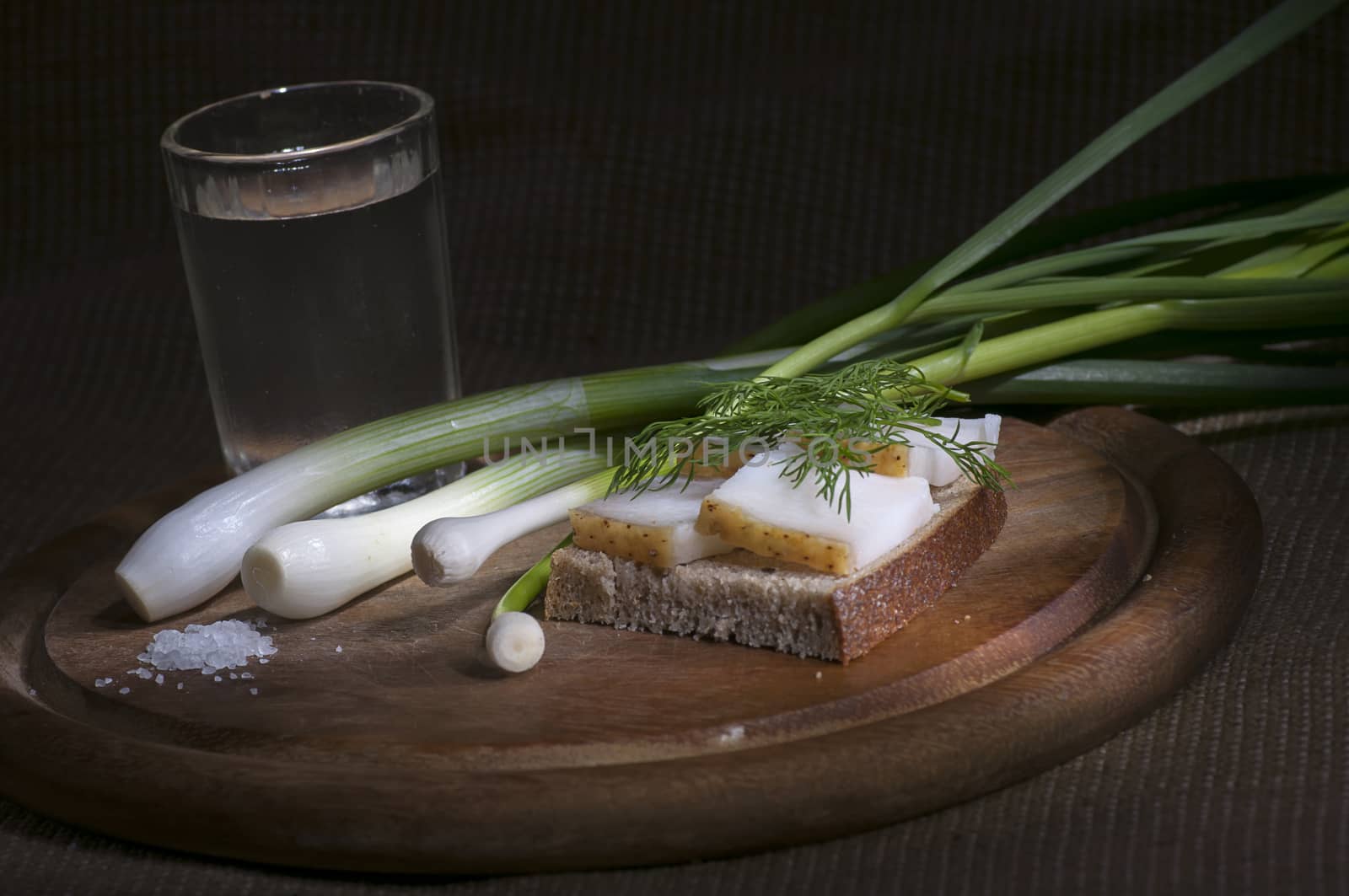Sandwich with salted lard on rye bread served with vodka, green onion and garlic