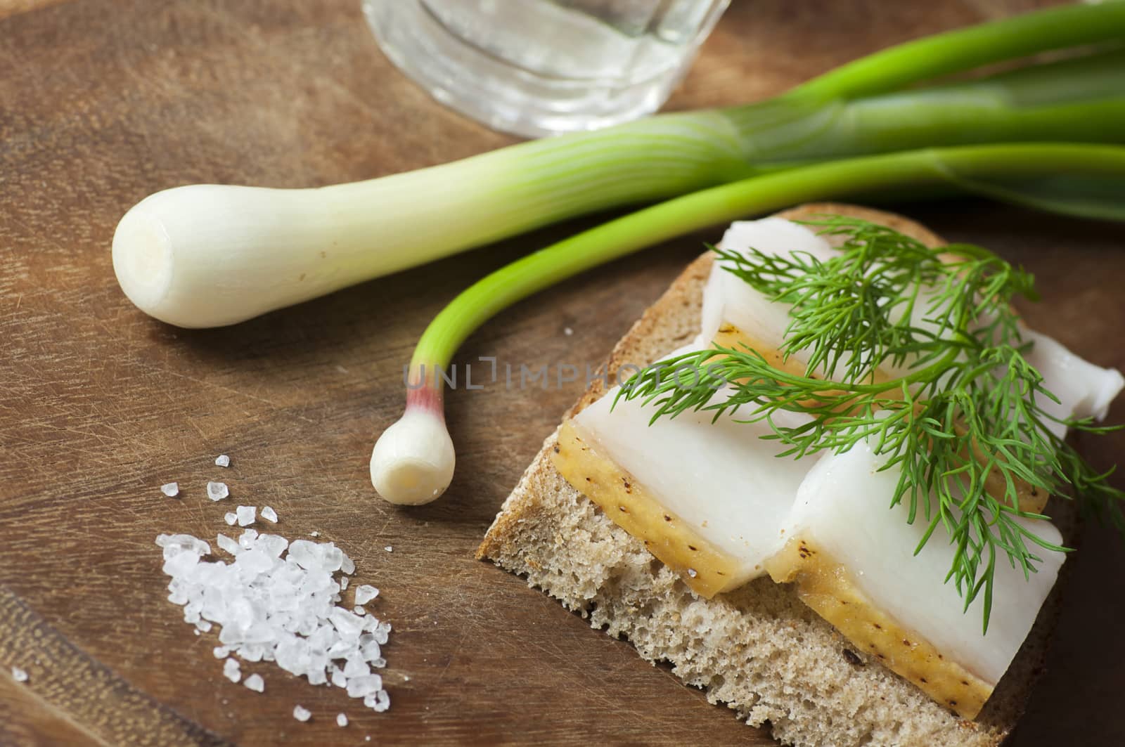 Sandwich with salted lard on rye bread served with green onion and garlic