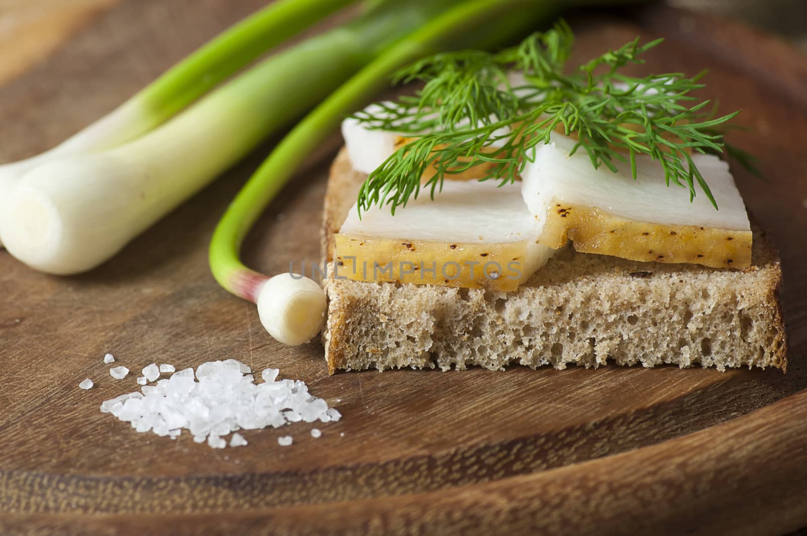 Sandwich with salted lard on rye bread served with green onion and garlic