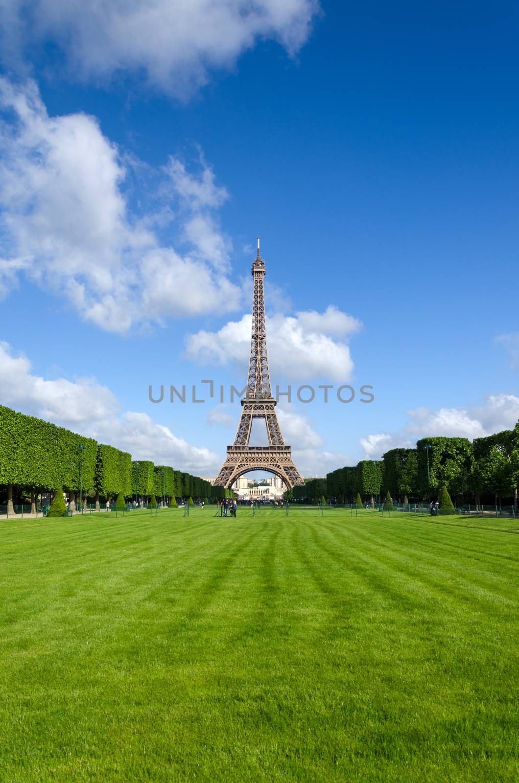 Eiffel Tower with garden in Paris, France.
