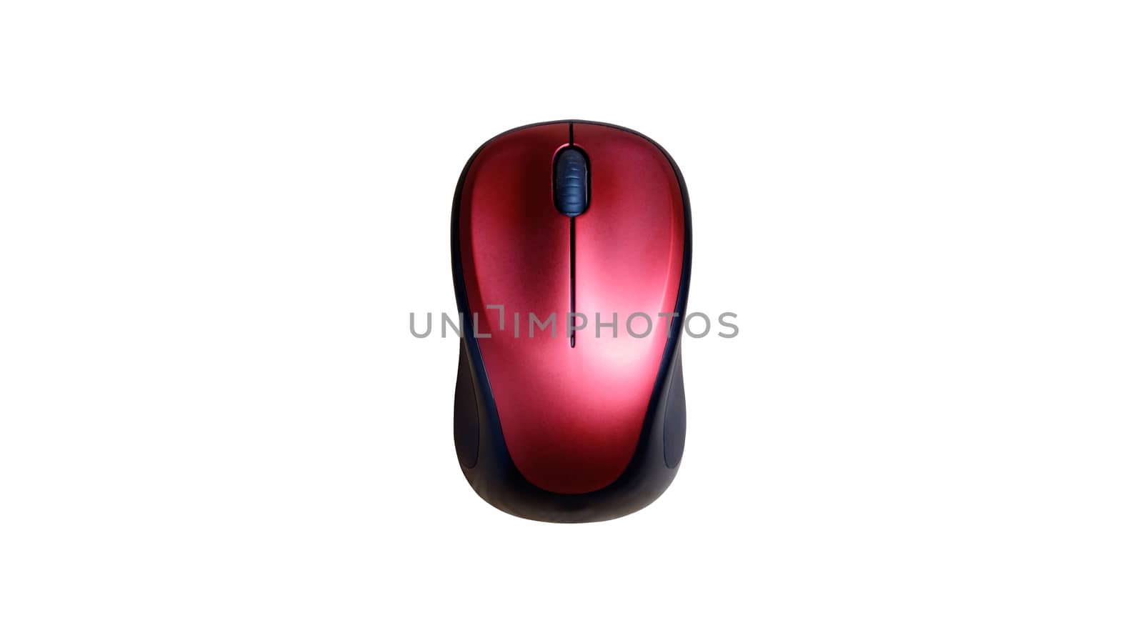 top view of black red wireless mouse on wooden table.