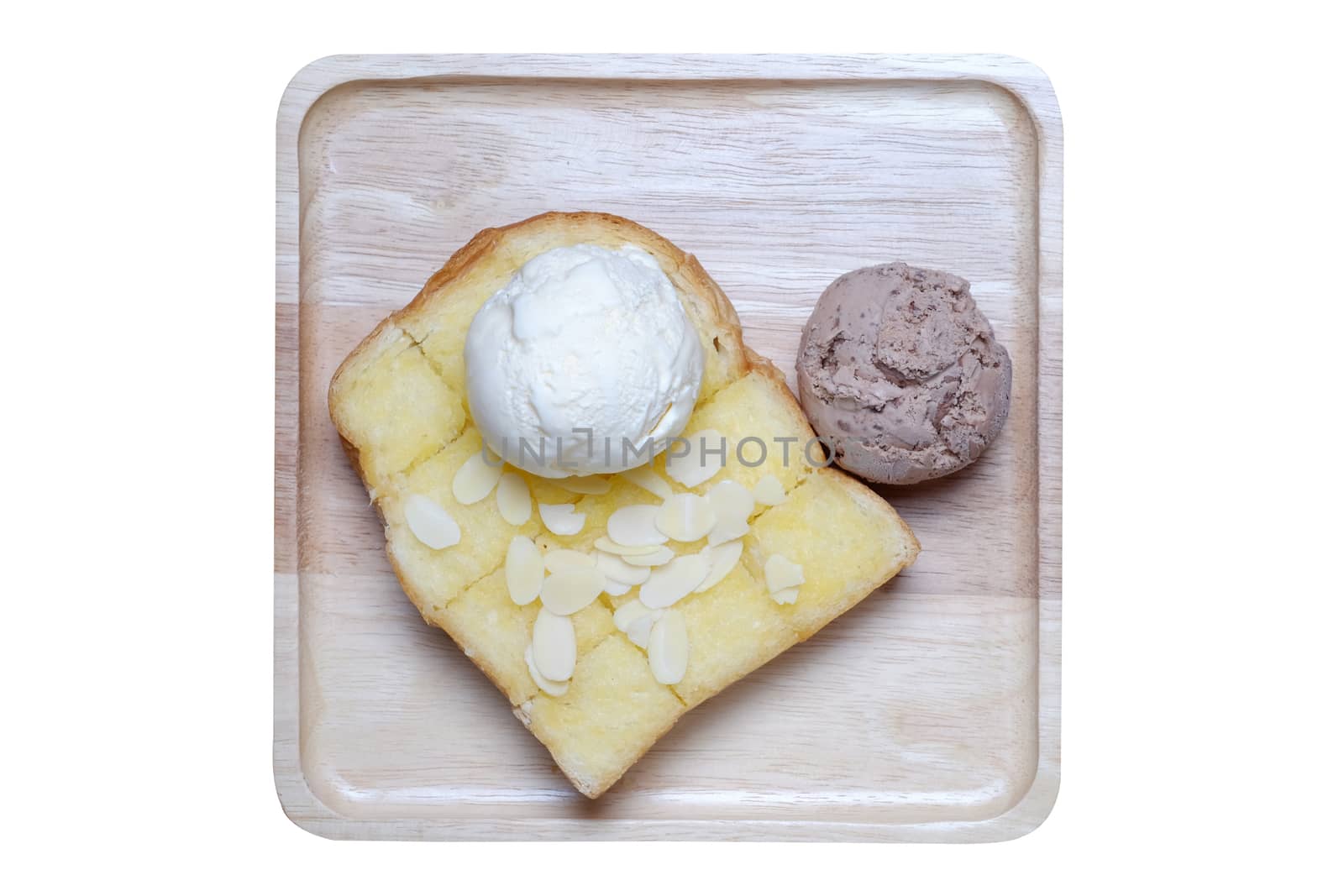ice creams and almond slice on toast, all put on wooden plate in white isolate background.