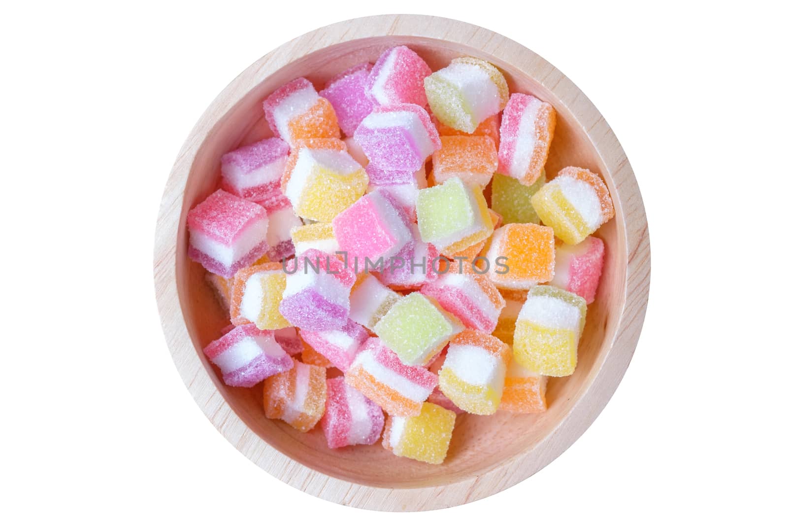 Colorful jelly in wooden bowl, isolate white background.