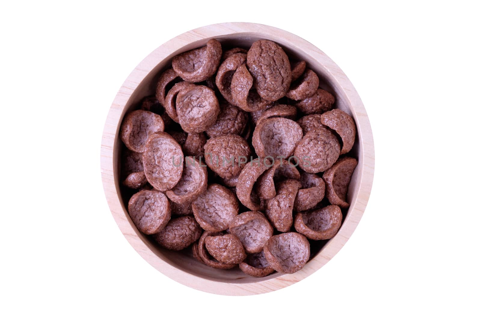 choco cereal in wooden bowl, isolate white background.