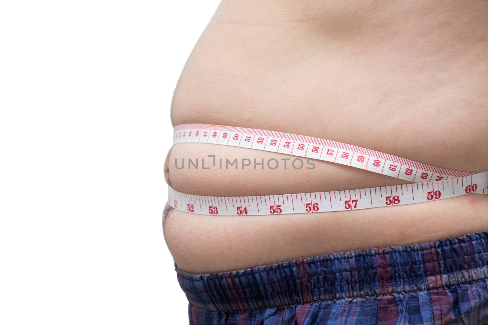 Fat asian man use waist measure for measure his belly. white background
