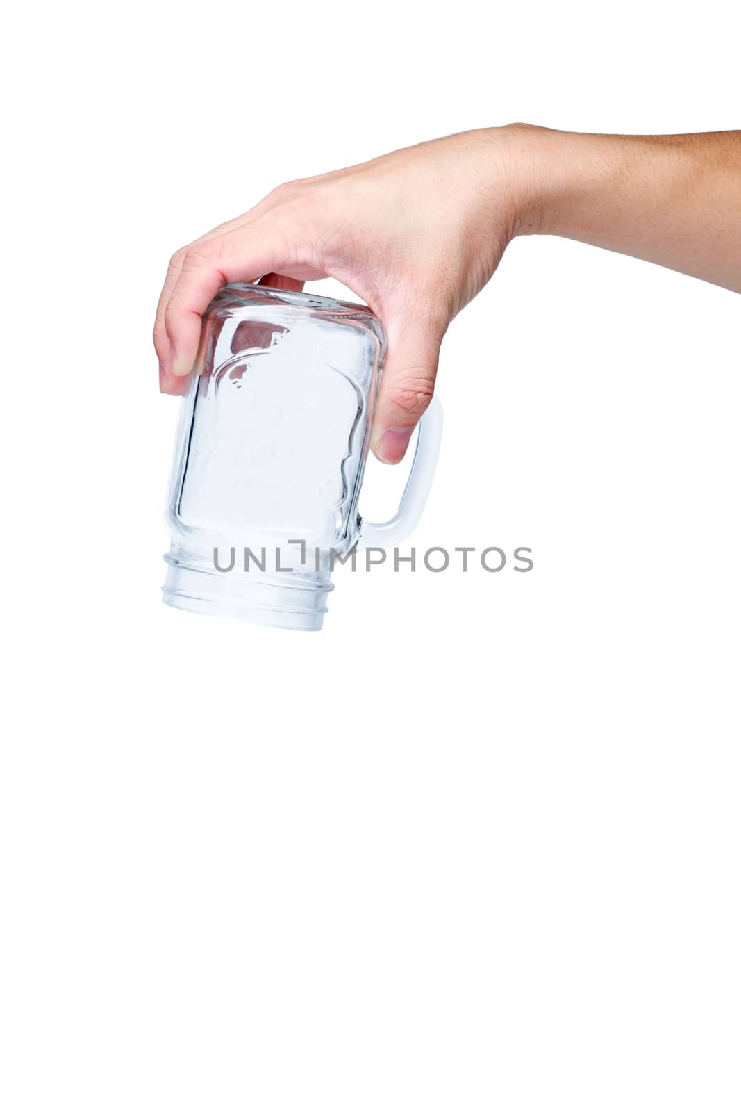 hand holding speedlight flash isolate on white background