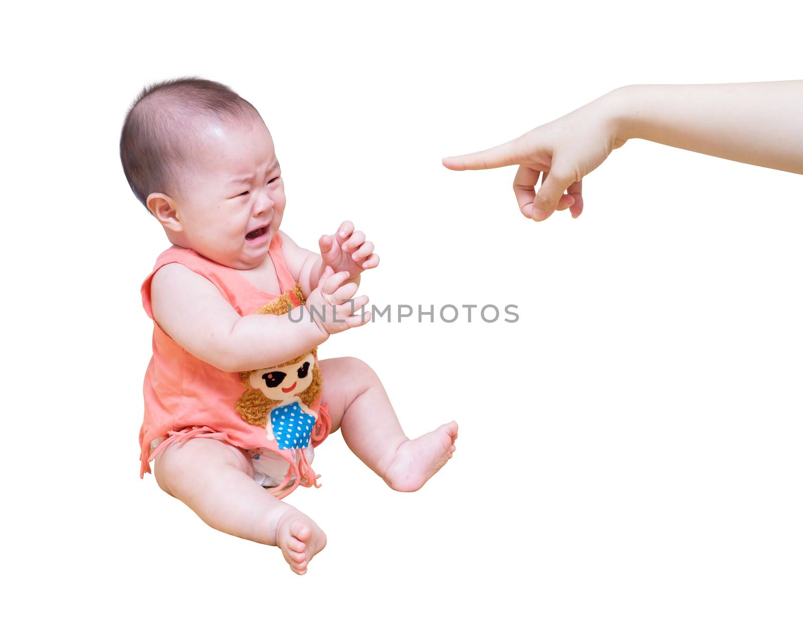 Asian baby crying while mother scolding isolated on white background