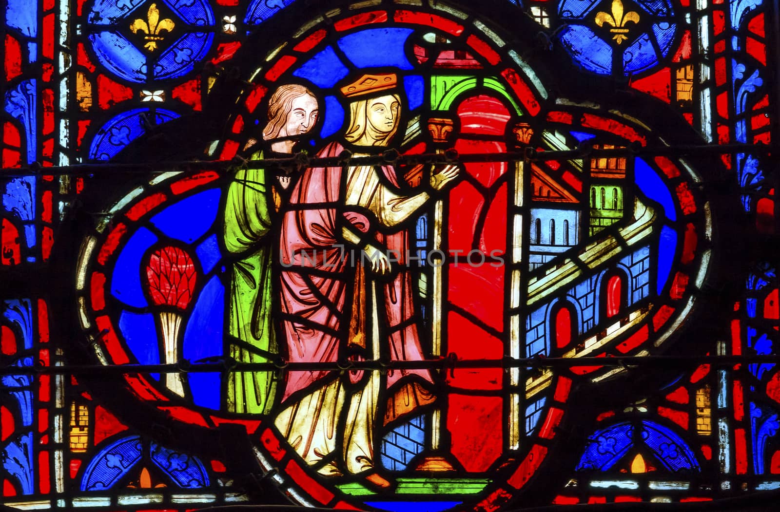 Queen Entering Jerusalem Medieval Life Stained Glass Saint Chapelle Paris France.  Saint King Louis 9th created Sainte Chapelle in 1248 to house Christian relics, including Christ's Crown of Thorns.  Stained Glass created in the 13th Century and shows various biblical stories along with stories from 1200s.