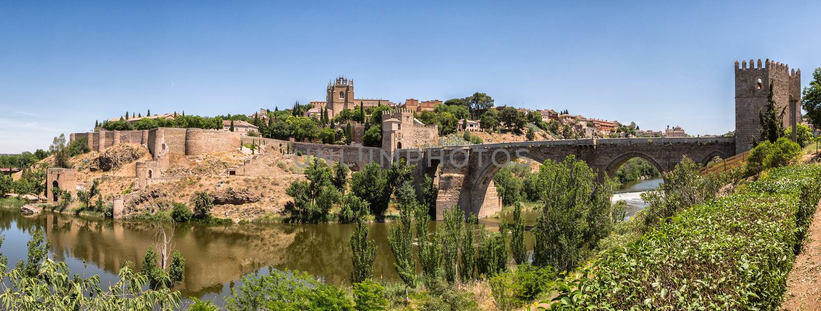 Panorama Toledo, bridge San Martin and river Tagus.