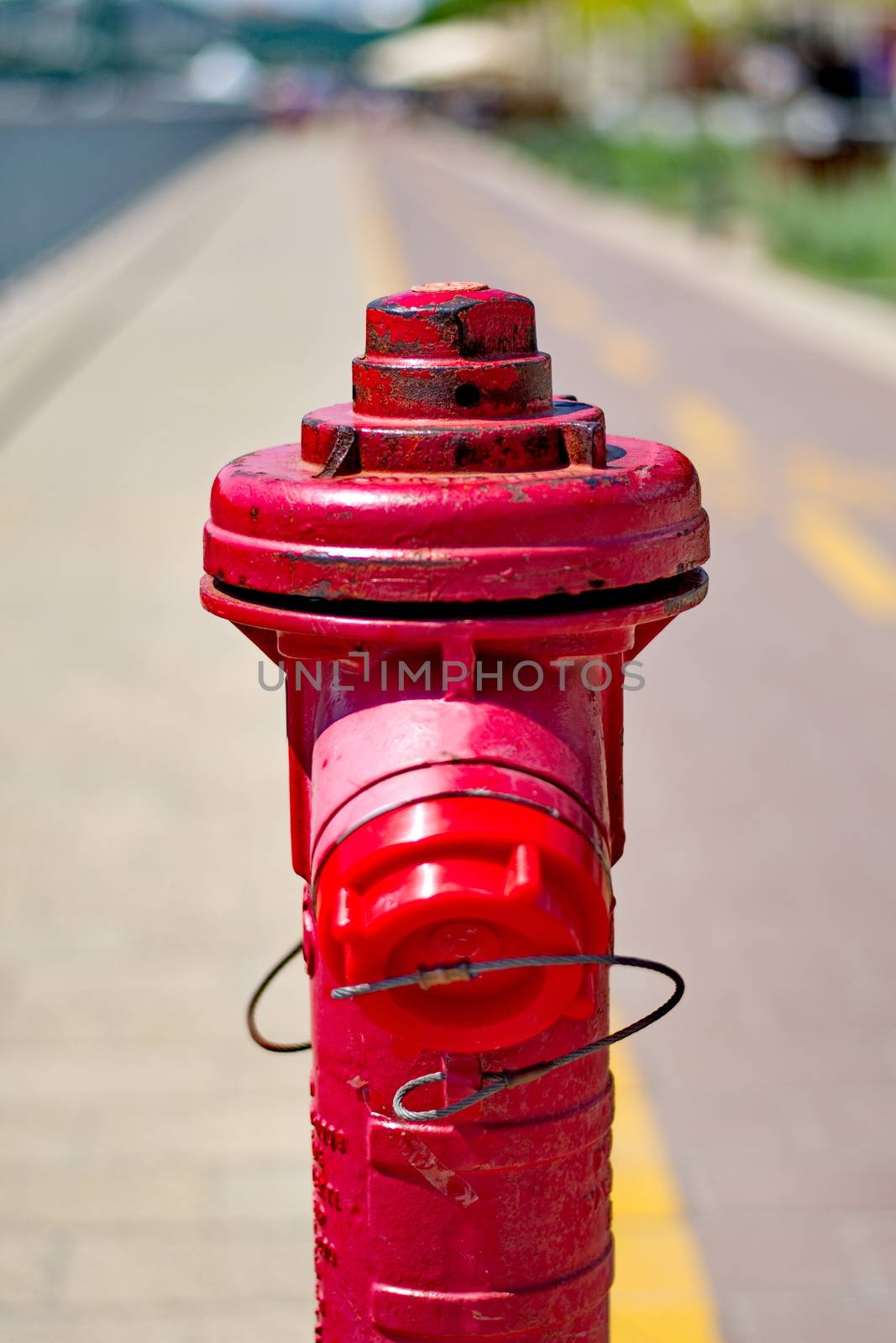 Red fireplug on the street by anderm