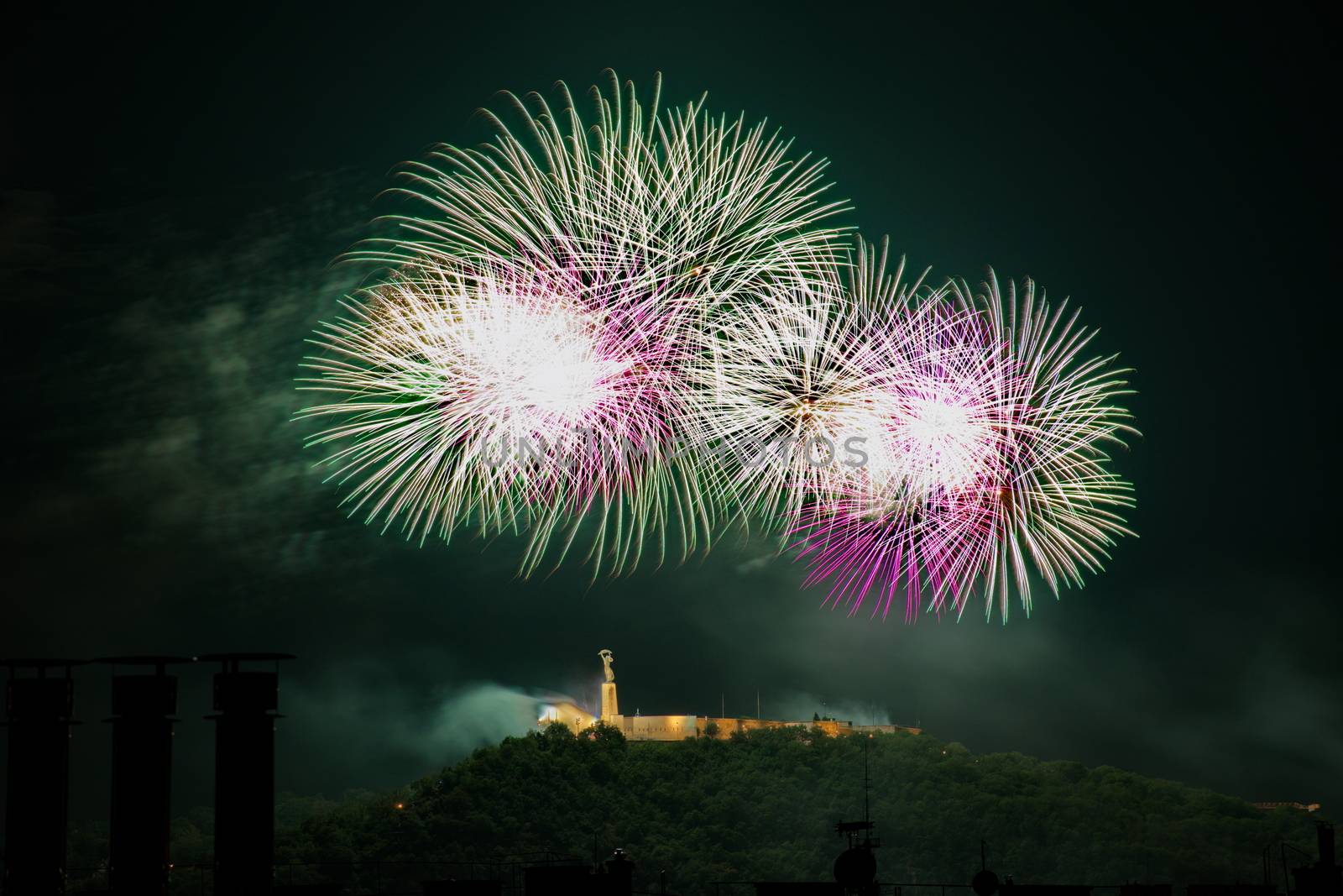 Fireworks over Liberty statue in Budapest, Hungary