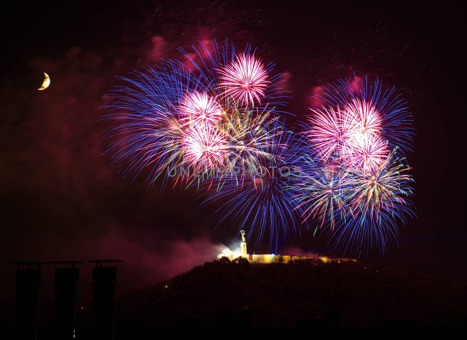 Fireworks over Liberty statue in Budapest, Hungary