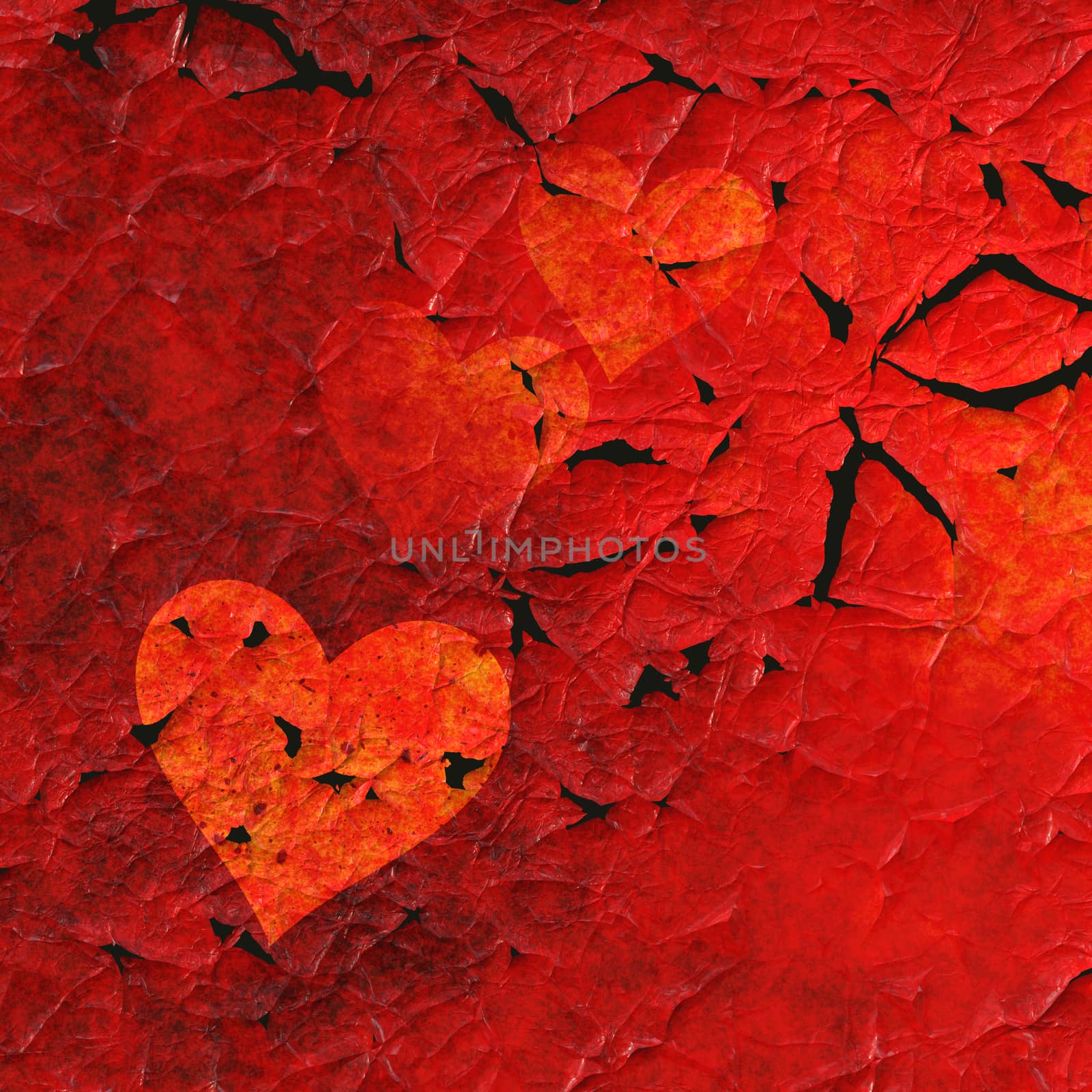 2D rendered image. Red hearts background with peeling paint effect.