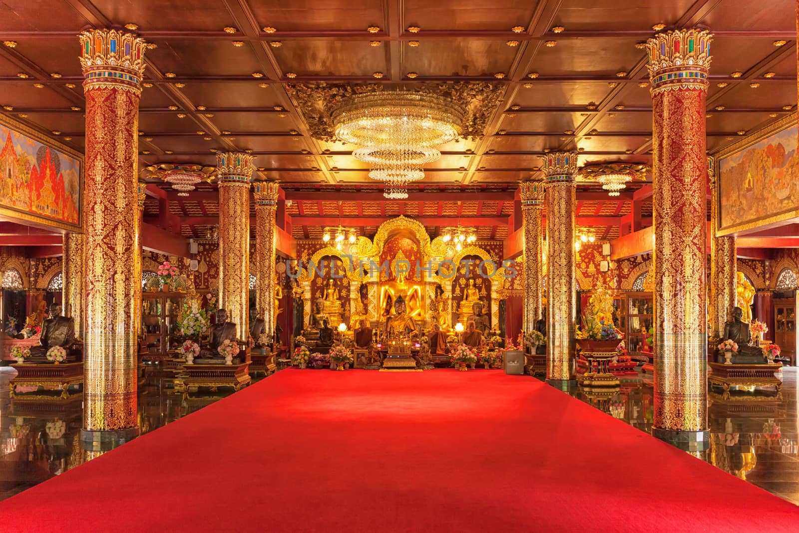 Asian religious architecture. Brass and Wax sculpture of Buddha at Wat Pha Da Ra Bhi Rom . Chiang Mai, Thailand travel landscape and destinations