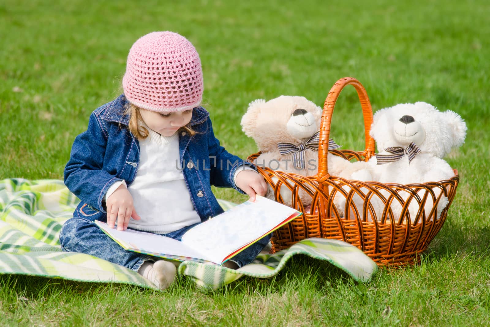 Happy three year old girl reading a book on a picnic by Madhourse