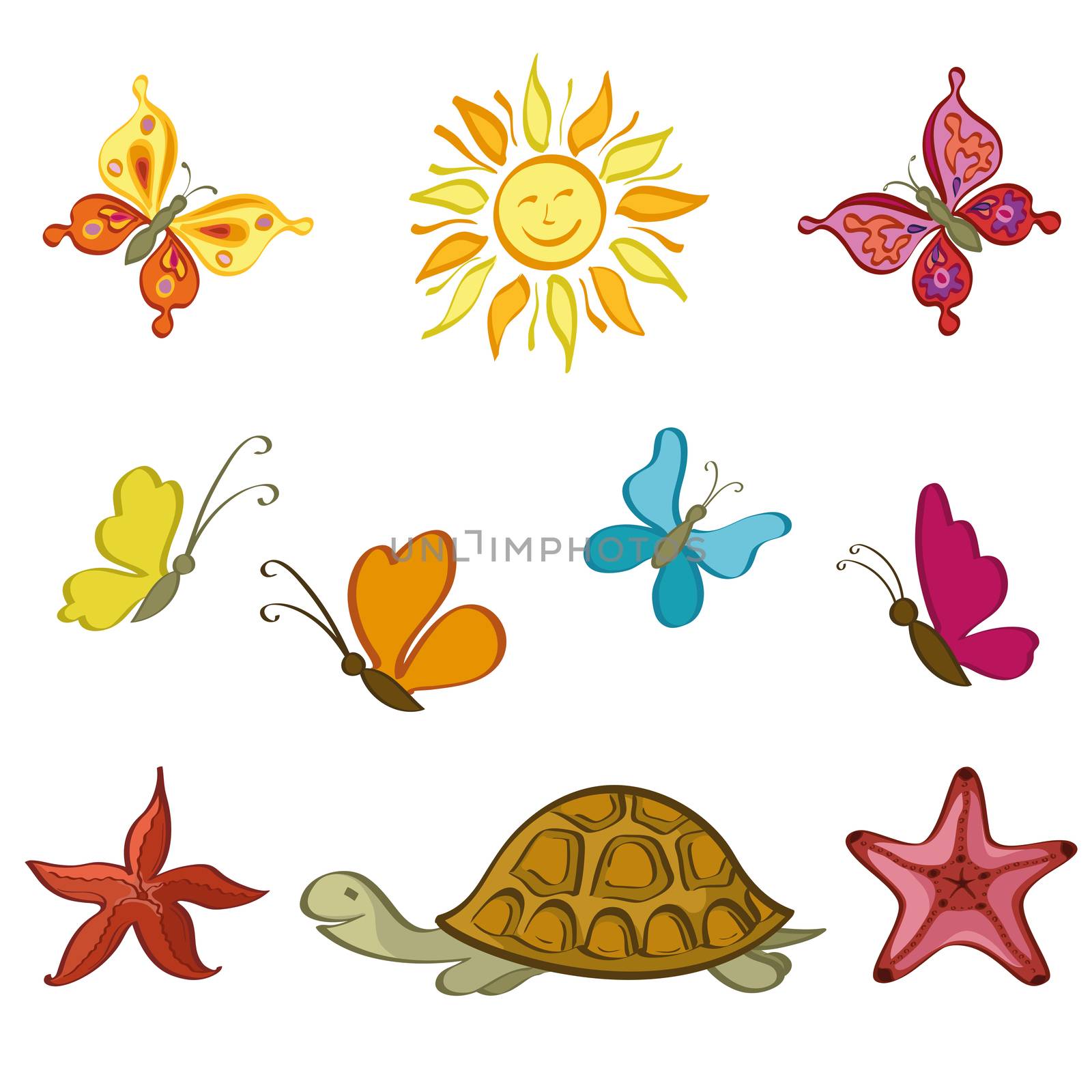 Exotic Cartoon Set, Sun, Butterflies, Sea Turtles and Starfish Isolated on White Background. 