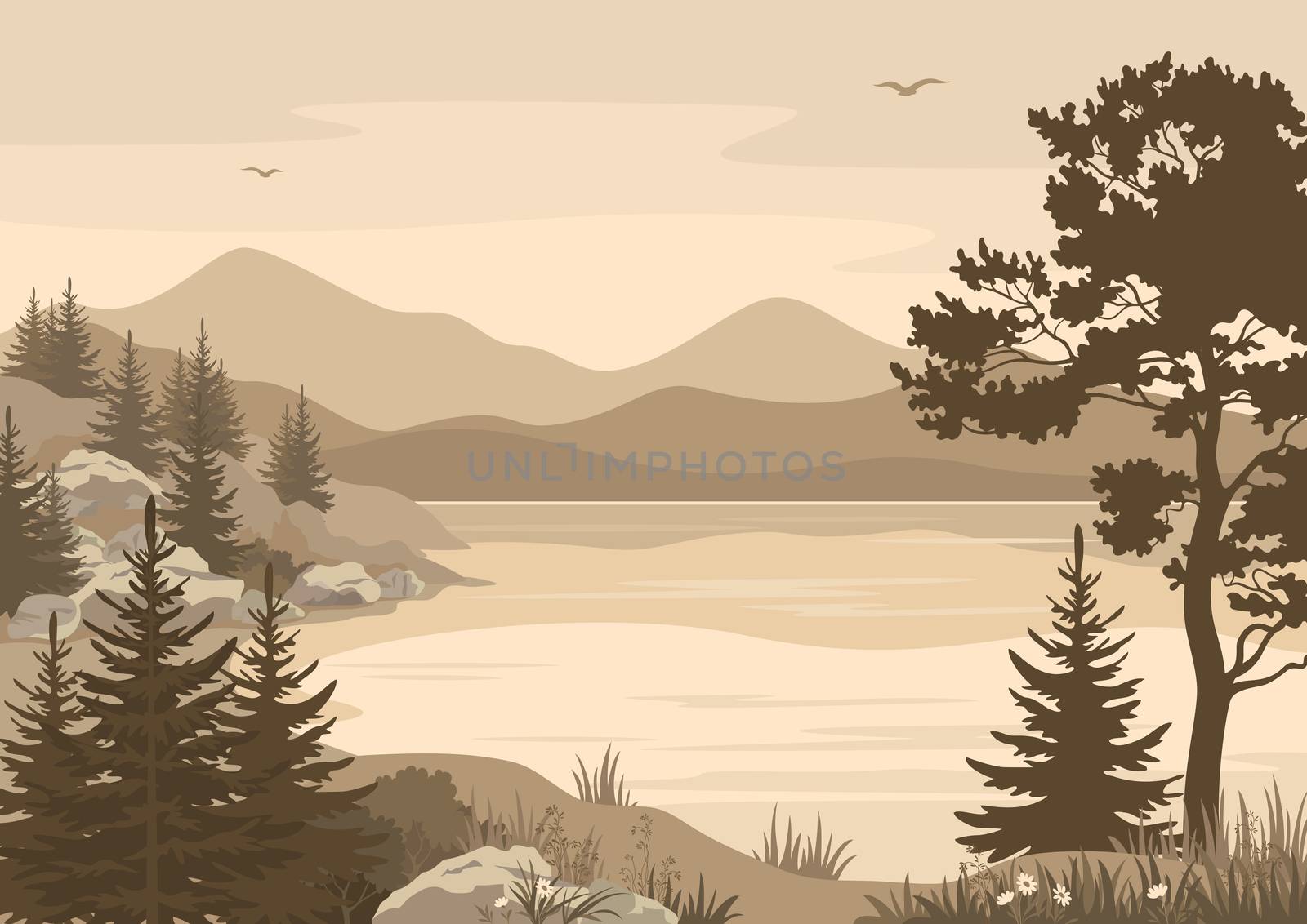 Landscapes, Lake, Mountains with Trees, Flowers and Grass, Birds in the Sky Silhouettes. 