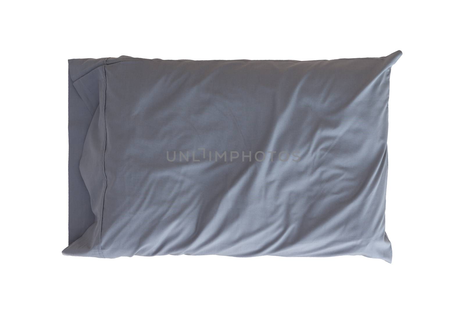 Comfortable soft pillow in a wrinkled grey pillowcase for protection and hygiene isolated on white
