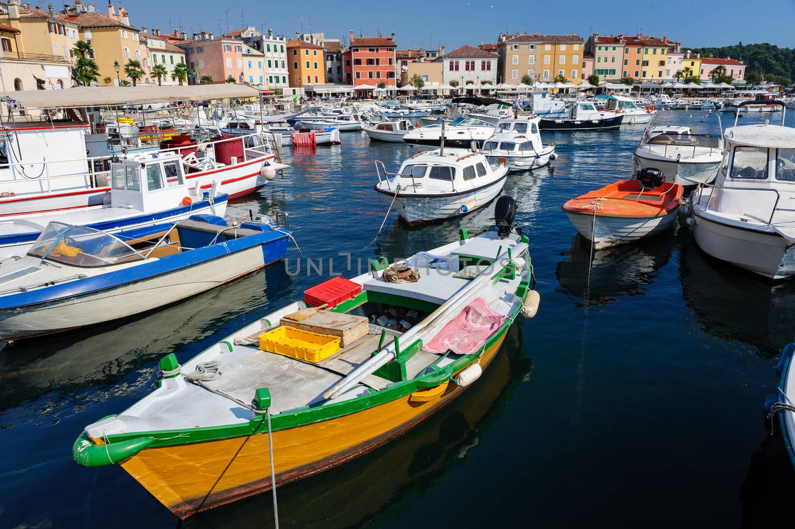 Boats in marina of Rovinj, Istria, Croatia. Typical mediterranean seaside town.